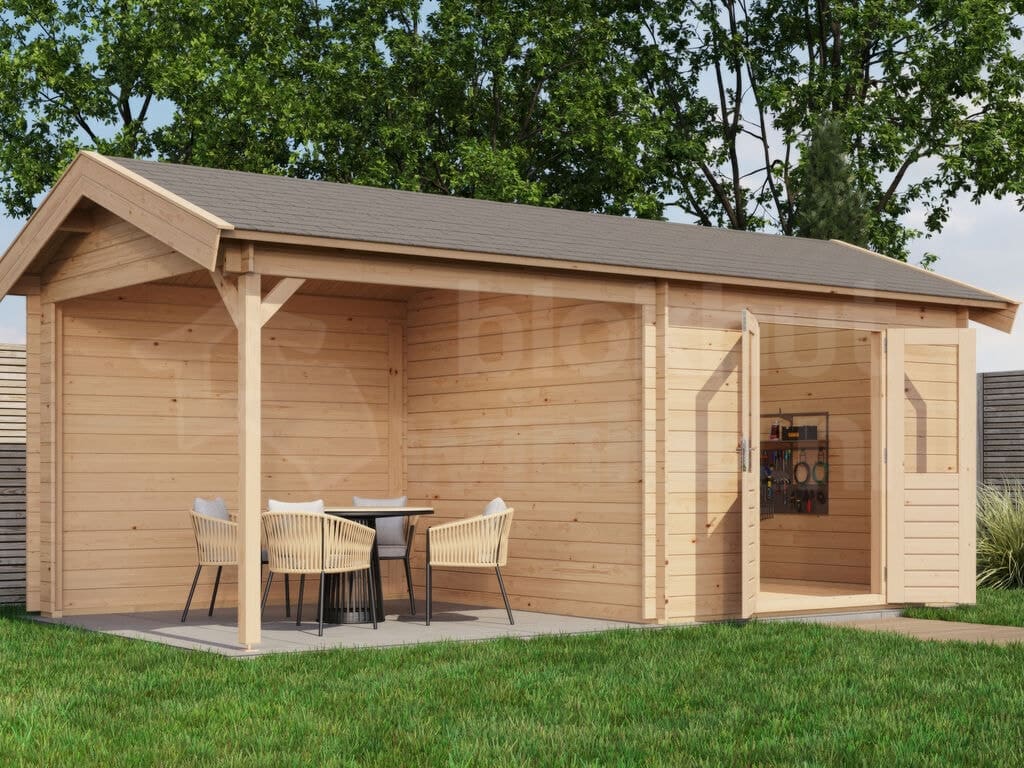 Lugarde Select Blokhut met Overkapping Raalte 300x300cm + 300cm - Onbehandeld