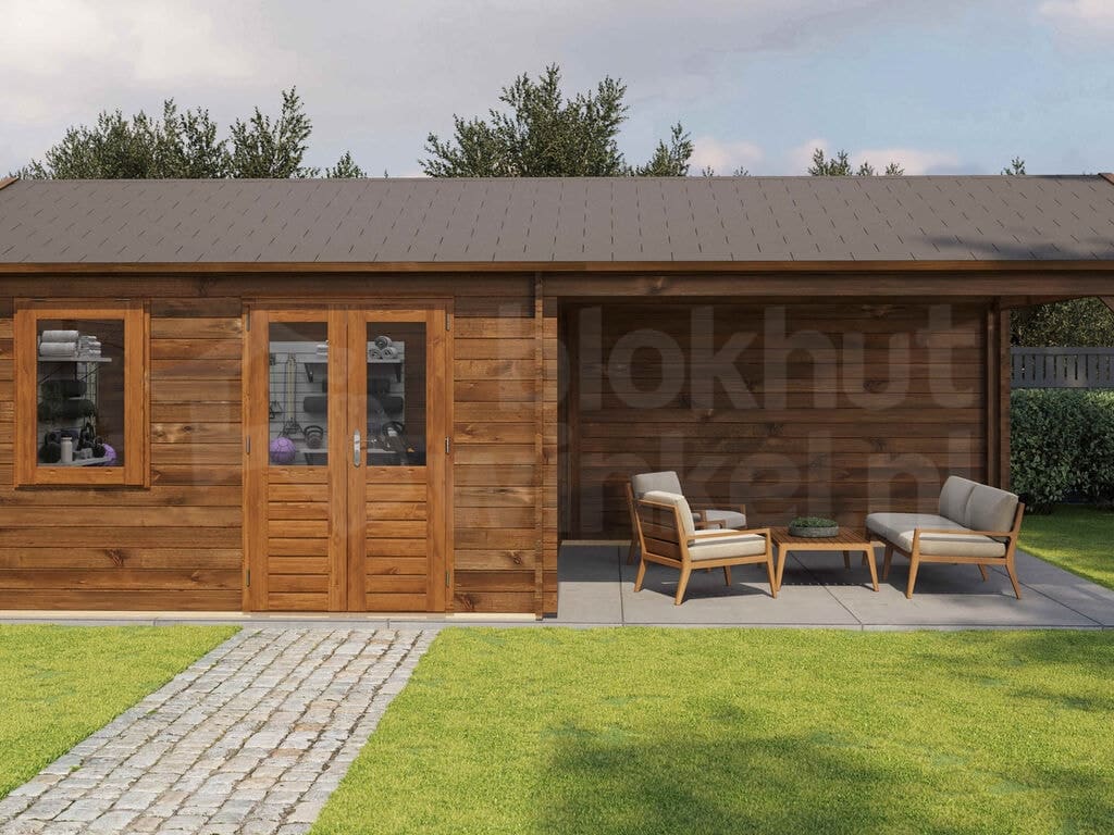 Lugarde Select Blokhut met Overkapping Oosterbeek 400x400cm + 300cm - Behandeld