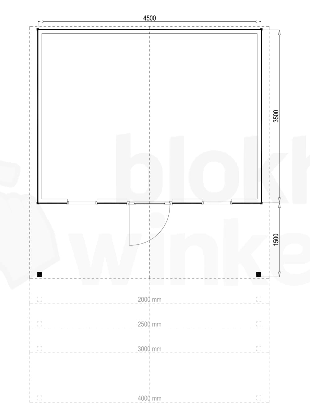 Plattegrond Woodford houtskeletbouw tuinhuis Kansas City 450x350