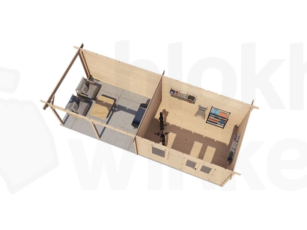 Plattegrond Lugarde Select Blokhut met Overkapping Huissen 400x300cm + 400cm - Onbehandeld