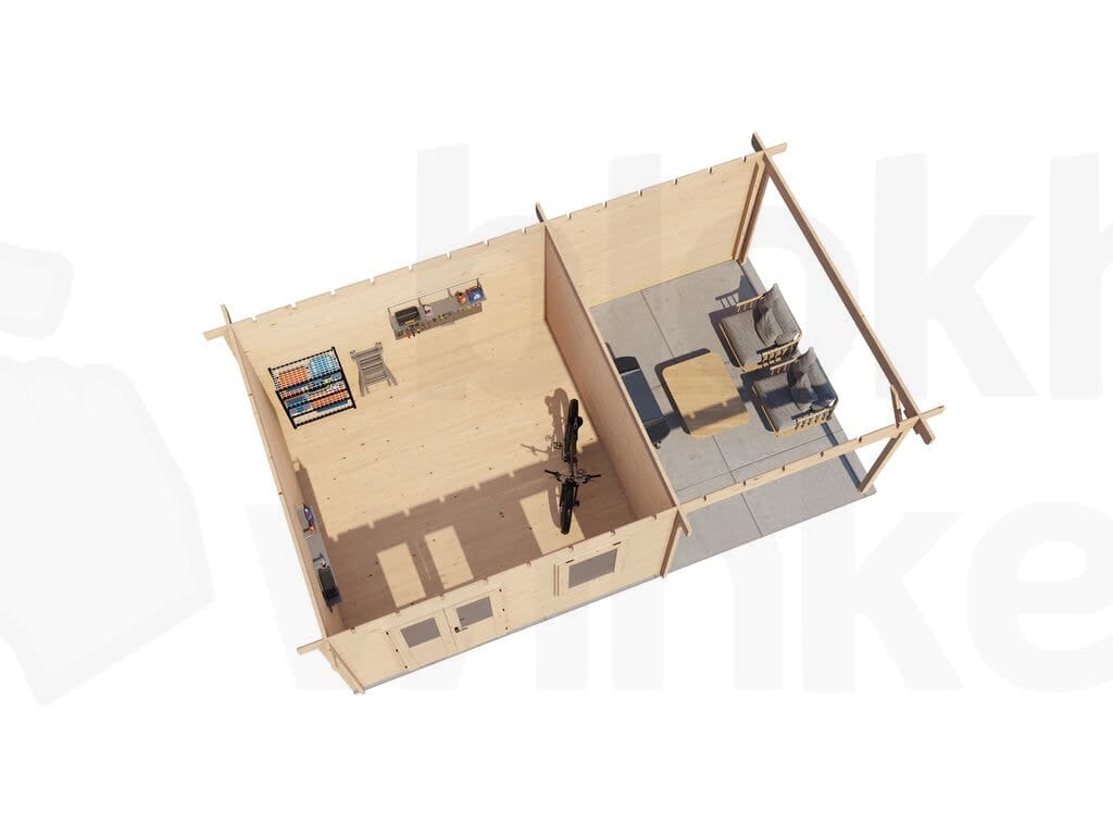 Plattegrond Lugarde Select Blokhut met Overkapping Wehl 400x400cm + 300cm - Onbehandeld