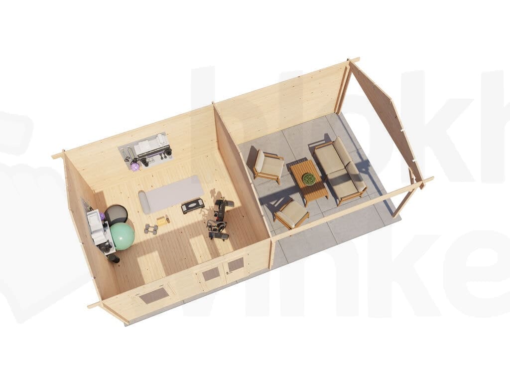 Plattegrond Lugarde Select Blokhut met Overkapping Oosterbeek 400x400cm + 300cm - Onbehandeld