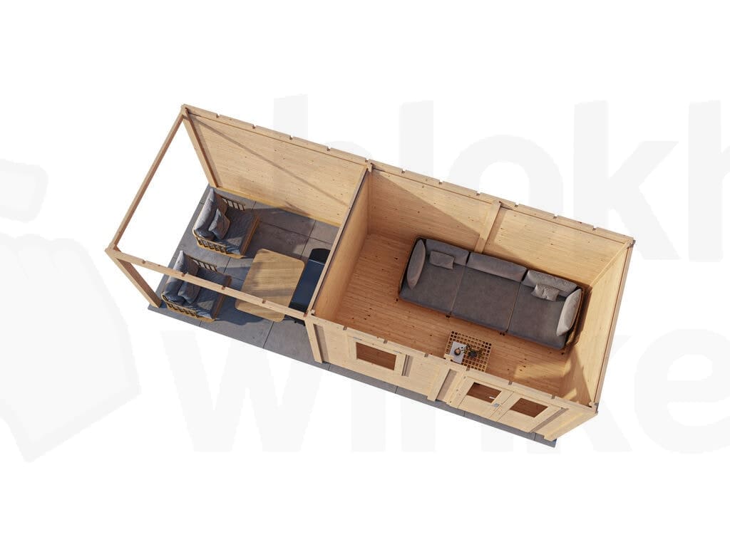 Plattegrond Lugarde Select Modern tuinhuis 28mm met Overkapping Neerkant 388x250cm + 300cm - Onbehandeld