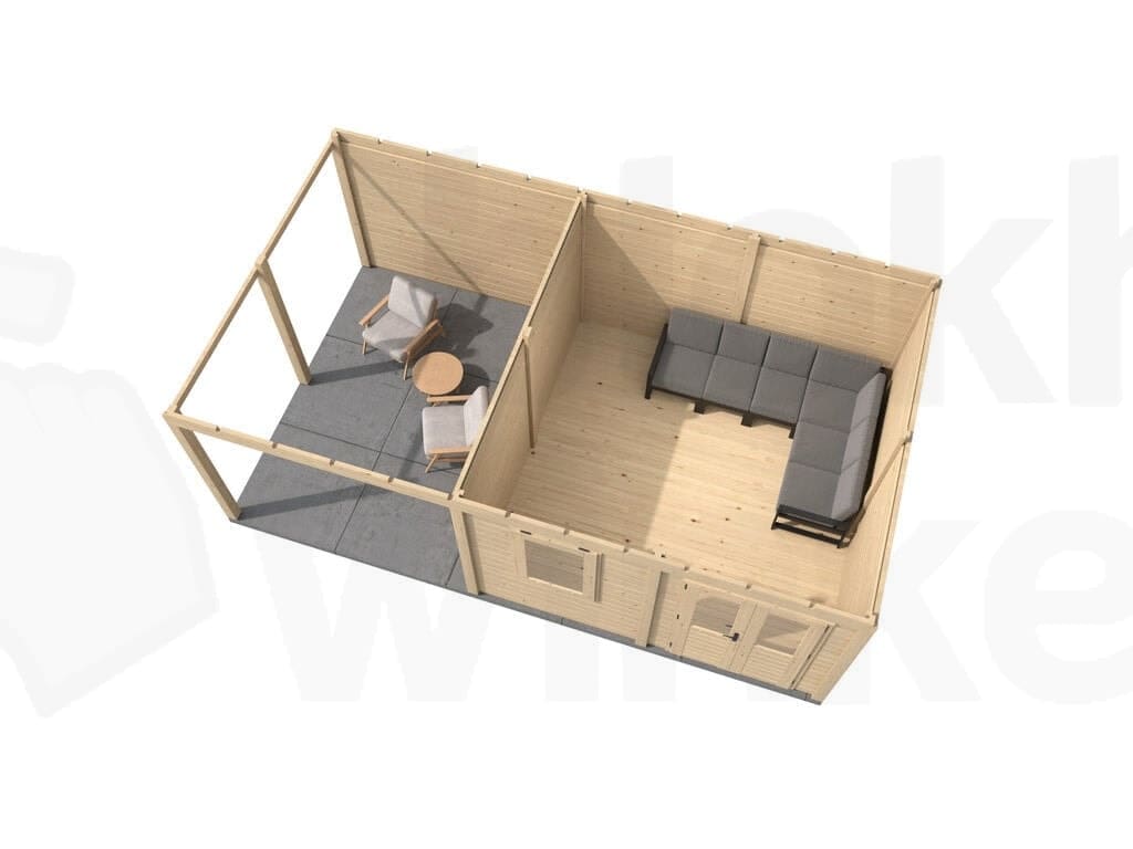 Plattegrond Lugarde Select Modern tuinhuis 28mm met Overkapping Almere 388x388cm + 300cm - Onbehandeld