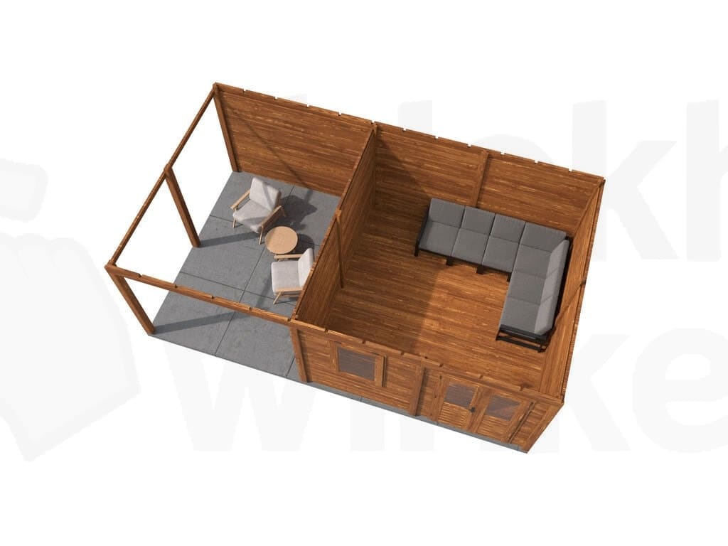 Plattegrond Lugarde Select Modern tuinhuis 44mm met Overkapping Almere 388x388cm + 300cm - Behandeld