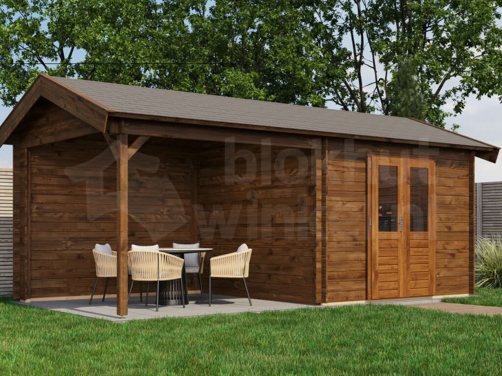 Lugarde Select Blokhut met Overkapping Raalte 300x300cm + 300cm - Behandeld Lugarde Select Blokhut met Overkapping Raalte 300x300cm + 300cm - Behandeld