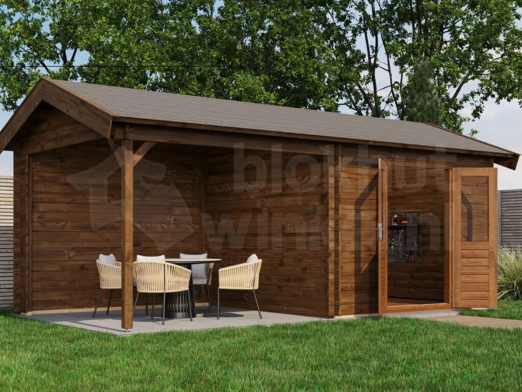 Lugarde Select Blokhut met Overkapping Raalte 300x300cm + 300cm - Behandeld Lugarde Select Blokhut met Overkapping Raalte 300x300cm + 300cm - Behandeld