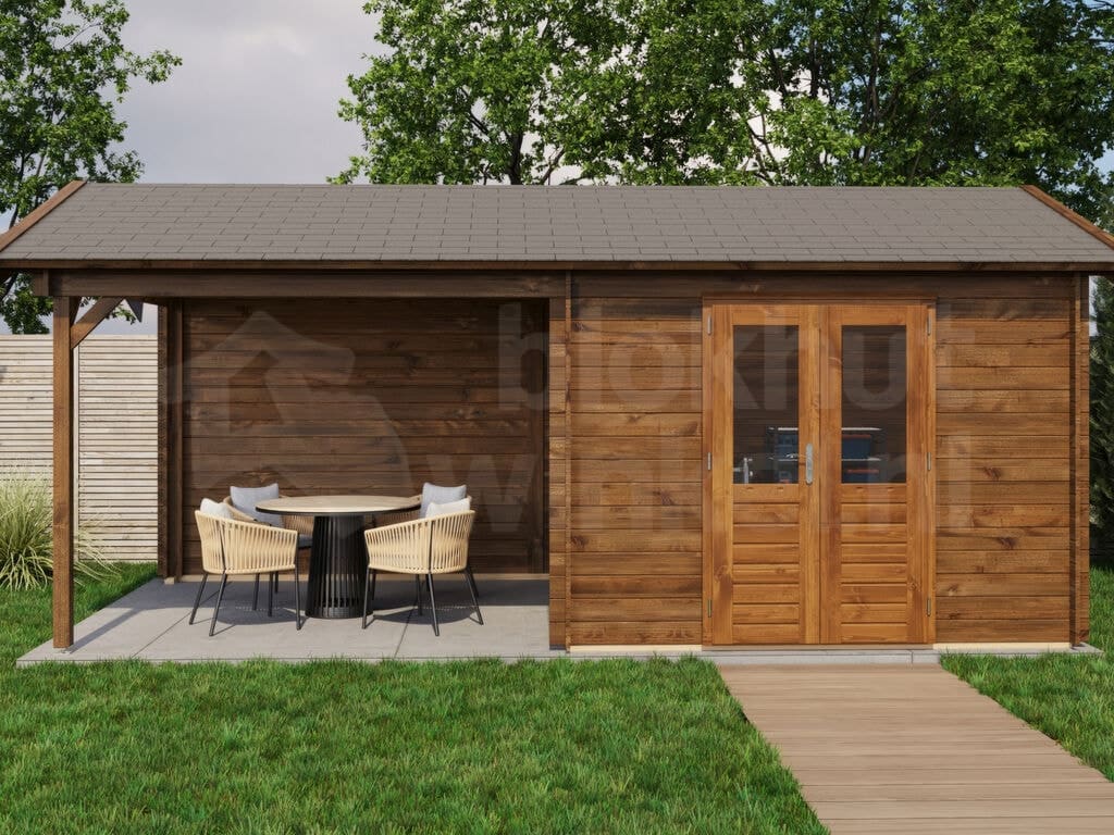 Lugarde Select Blokhut met Overkapping Raalte 300x300cm + 300cm - Behandeld Lugarde Select Blokhut met Overkapping Raalte 300x300cm + 300cm - Behandeld