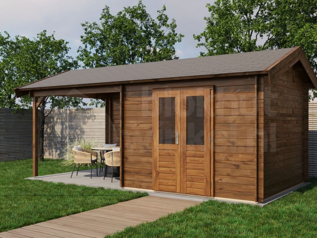 Lugarde Select Blokhut met Overkapping Raalte 300x300cm + 300cm - Behandeld Lugarde Select Blokhut met Overkapping Raalte 300x300cm + 300cm - Behandeld