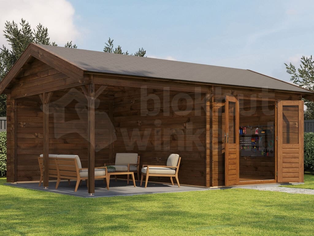 Lugarde Select Blokhut met Overkapping Hattem 300x400cm + 300cm - Behandeld Lugarde Select Blokhut met Overkapping Hattem 300x400cm + 300cm - Behandeld
