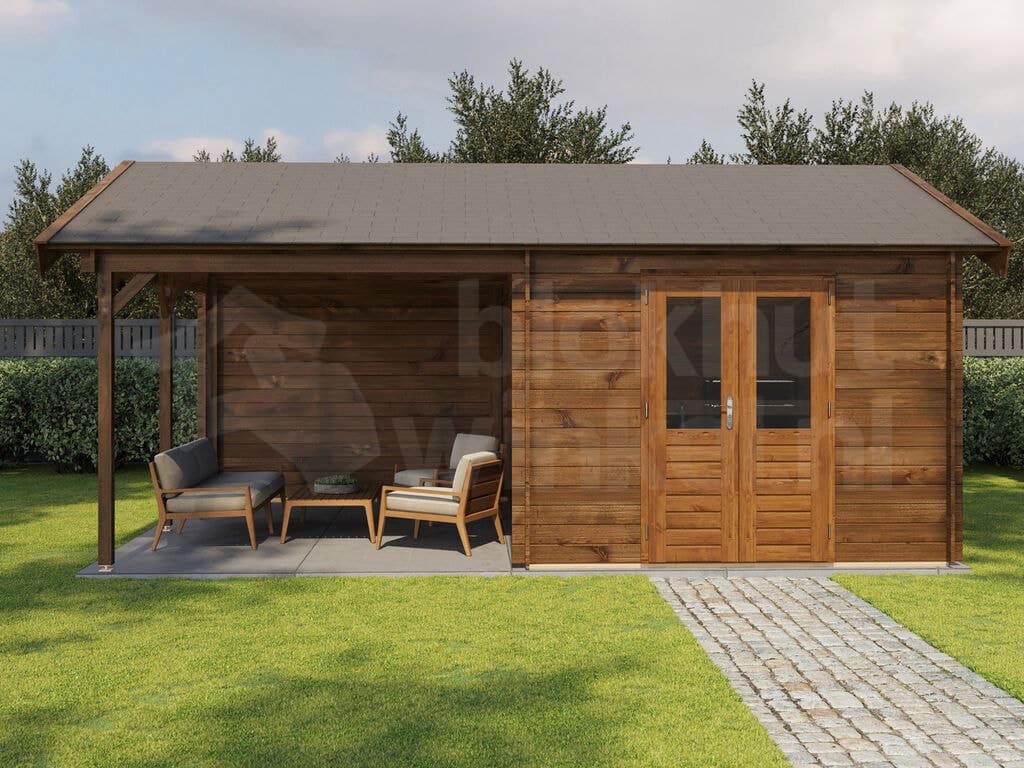 Lugarde Select Blokhut met Overkapping Hattem 300x400cm + 300cm - Behandeld Lugarde Select Blokhut met Overkapping Hattem 300x400cm + 300cm - Behandeld