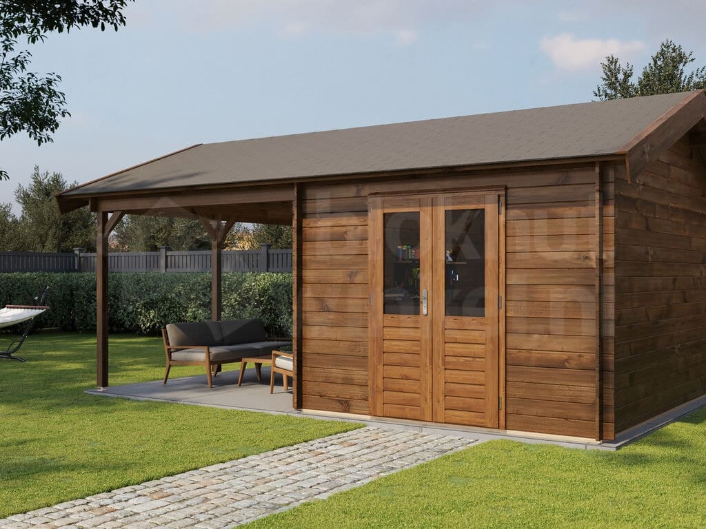 Lugarde Select Blokhut met Overkapping Hattem 300x400cm + 300cm - Behandeld Lugarde Select Blokhut met Overkapping Hattem 300x400cm + 300cm - Behandeld