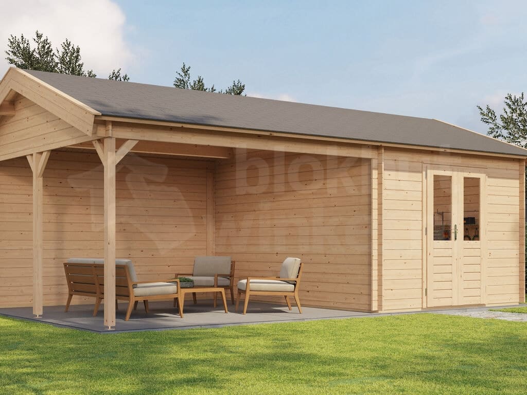 Lugarde Select Blokhut met Overkapping Haaksbergen 300x400cm + 400cm - Onbehandeld Lugarde Select Blokhut met Overkapping Haaksbergen 300x400cm + 400cm - Onbehandeld