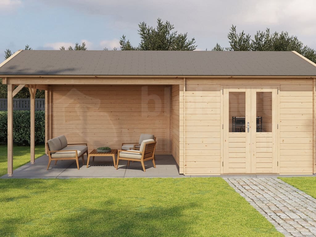 Lugarde Select Blokhut met Overkapping Haaksbergen 300x400cm + 400cm - Onbehandeld Lugarde Select Blokhut met Overkapping Haaksbergen 300x400cm + 400cm - Onbehandeld