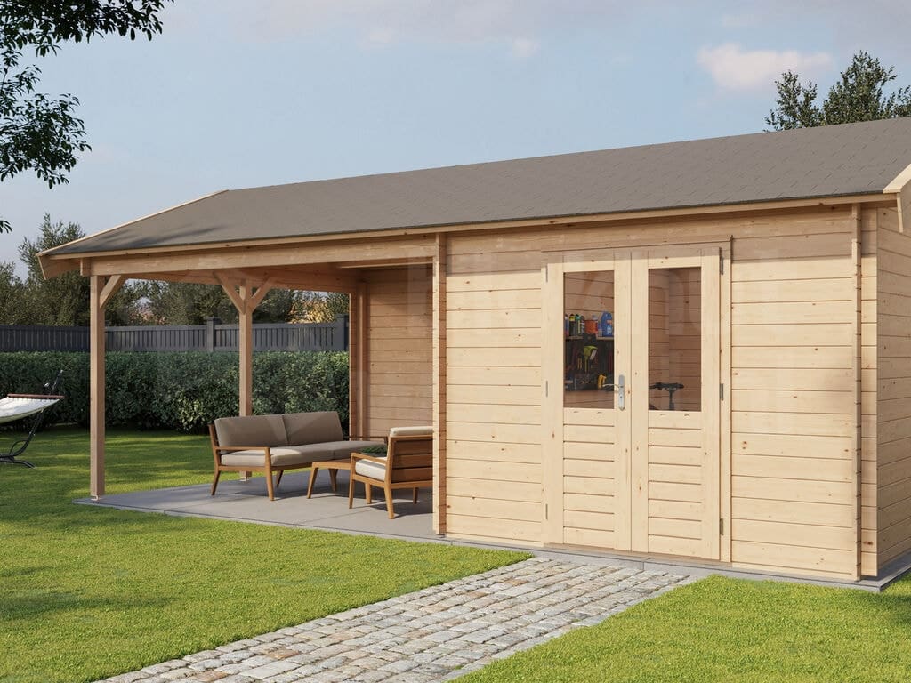 Lugarde Select Blokhut met Overkapping Haaksbergen 300x400cm + 400cm - Onbehandeld Lugarde Select Blokhut met Overkapping Haaksbergen 300x400cm + 400cm - Onbehandeld