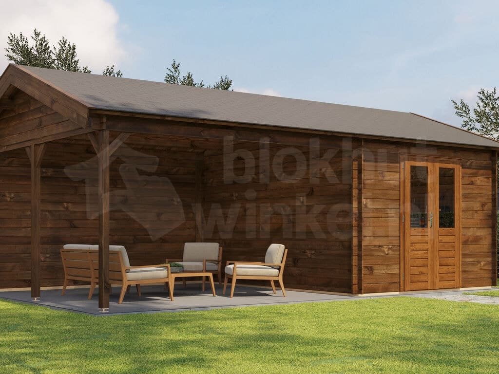 Lugarde Select Blokhut met Overkapping Haaksbergen 300x400cm + 400cm - Behandeld Lugarde Select Blokhut met Overkapping Haaksbergen 300x400cm + 400cm - Behandeld
