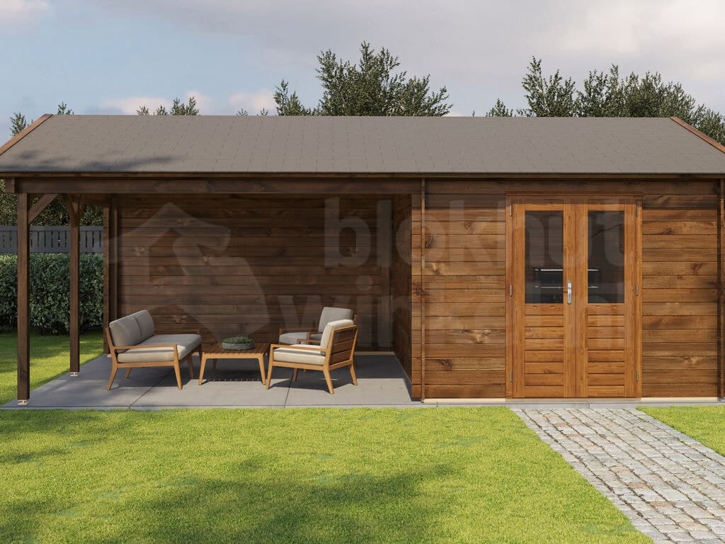 Lugarde Select Blokhut met Overkapping Haaksbergen 300x400cm + 400cm - Behandeld Lugarde Select Blokhut met Overkapping Haaksbergen 300x400cm + 400cm - Behandeld