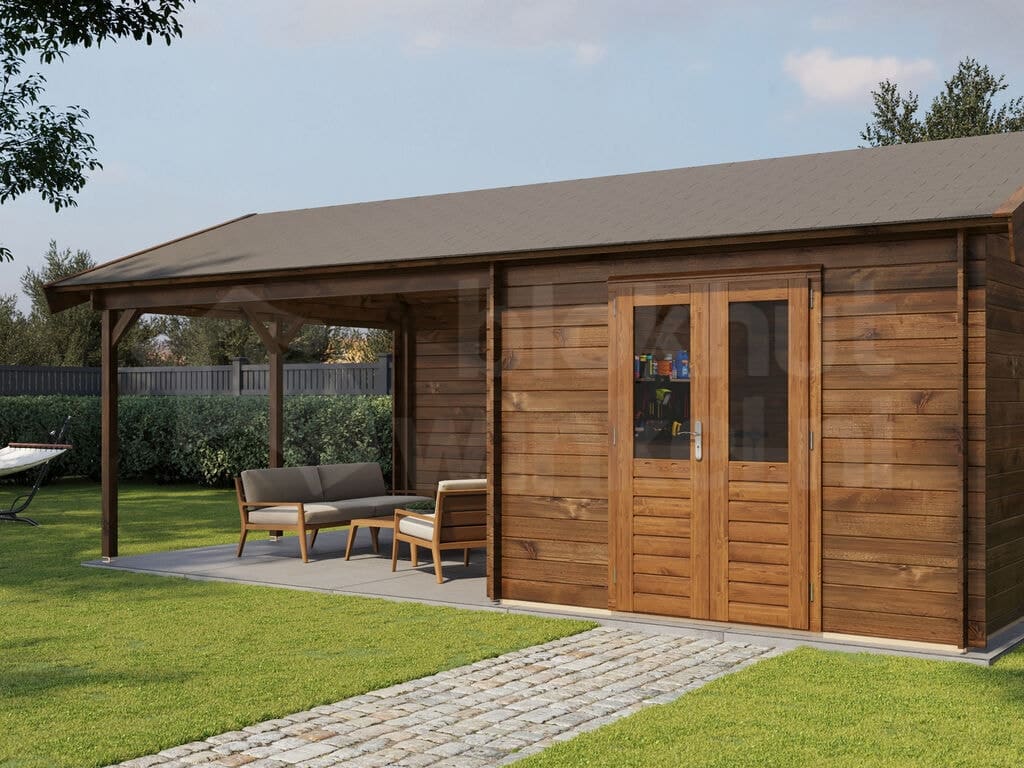 Lugarde Select Blokhut met Overkapping Haaksbergen 300x400cm + 400cm - Behandeld Lugarde Select Blokhut met Overkapping Haaksbergen 300x400cm + 400cm - Behandeld