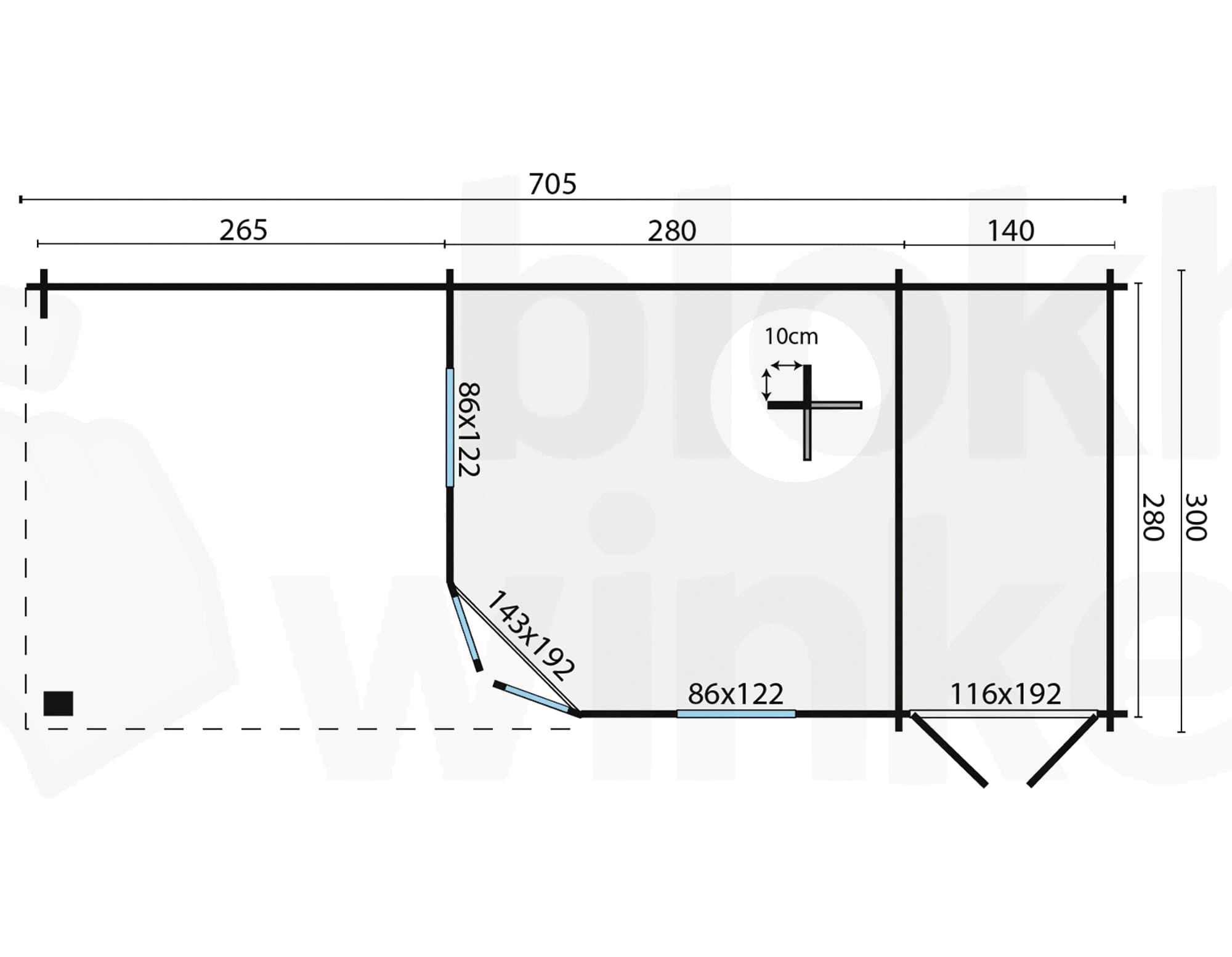 Plattegrond Blokhut Olson geïmpregneerd | Inclusief fundamentbalken, shingles, startset en bezorging!