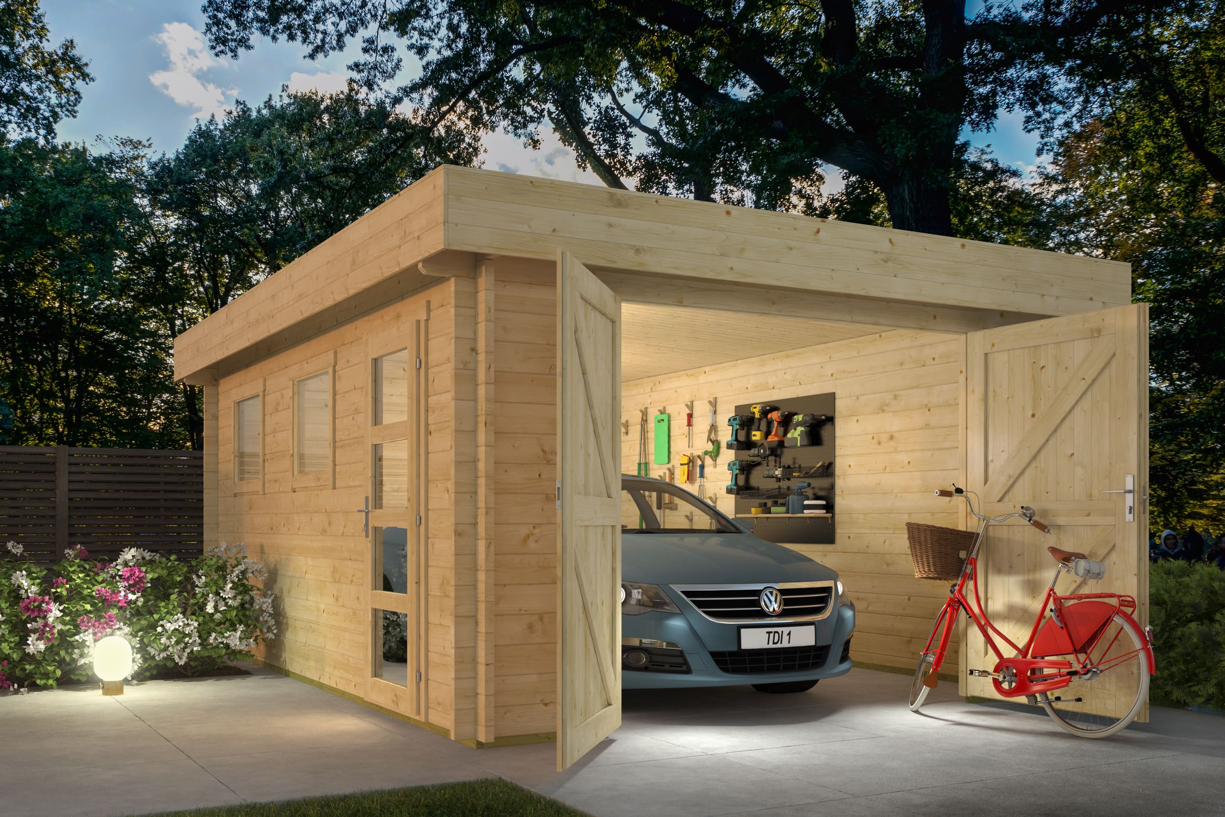 Blokhut Houten Garage Marketta met plat dak | Inclusief fundamentbalken, easyroofing, startset en bezorging!
