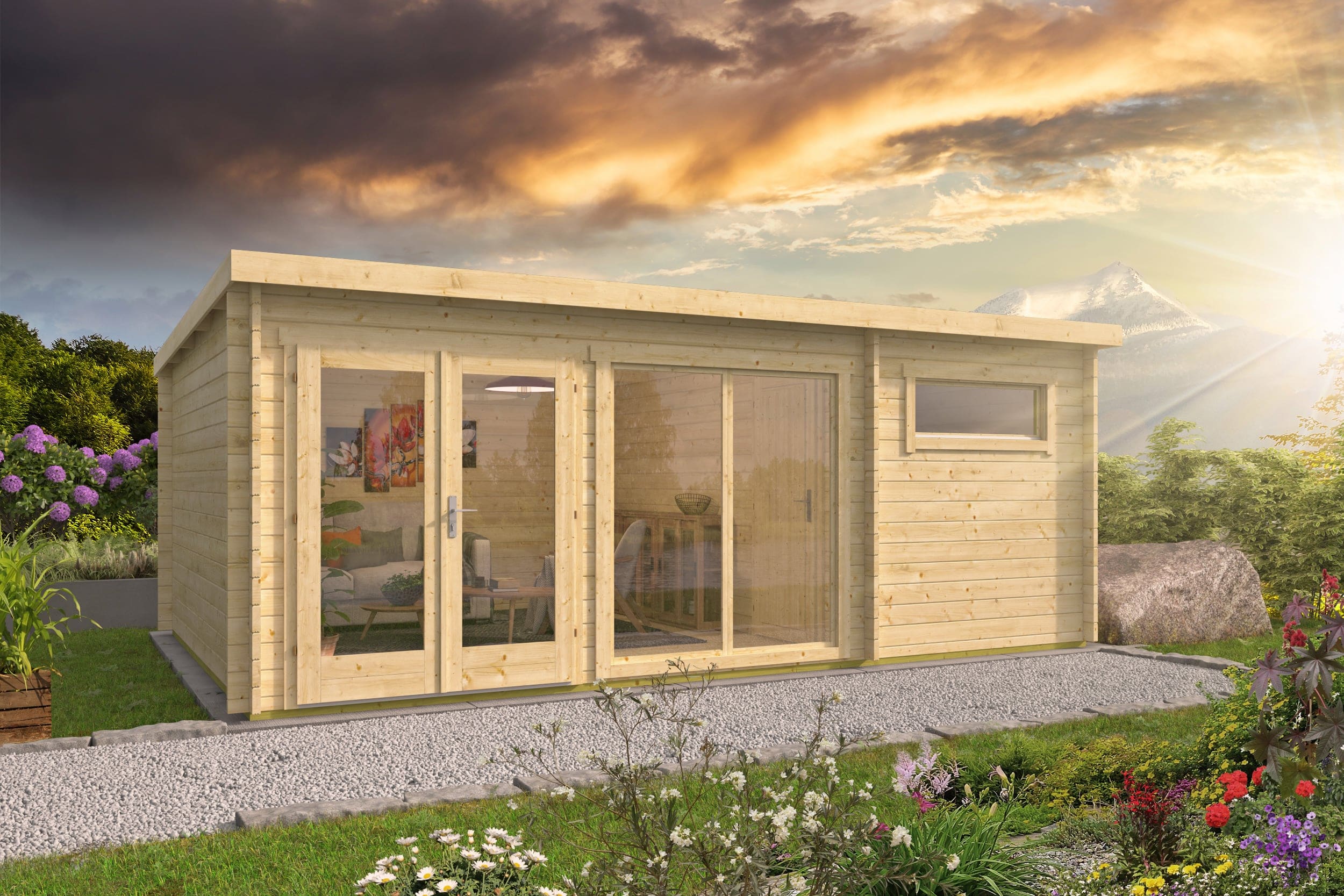 Blokhut Flow geïmpregneerd | Inclusief fundamentbalken, easyroofing, startset en bezorging!