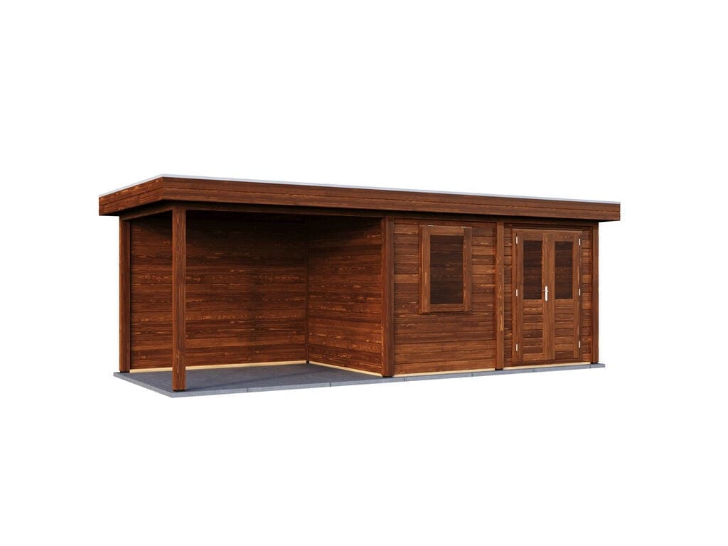 Lugarde Select Modern tuinhuis 28mm met Overkapping Neerkant 388x250cm + 300cm - Behandeld