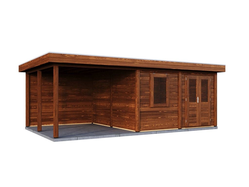Lugarde Select Modern tuinhuis 44mm met Overkapping Almere 388x388cm + 300cm - Behandeld