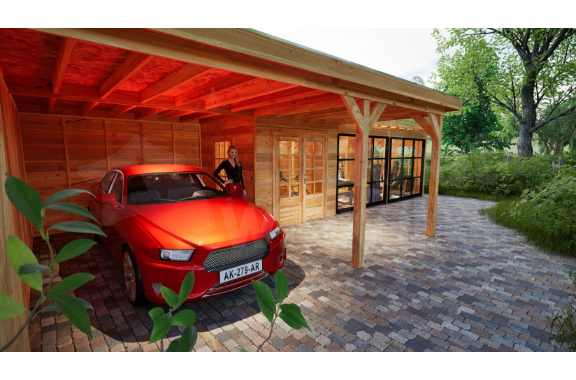 Douglas carport voor auto met berging en veranda